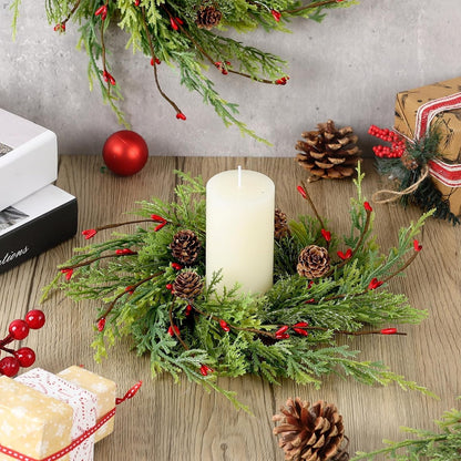 Skiennix 8 Pcs Artificial Christmas Candle Rings - 9 Inch Cedar Pine Garland Wreaths with Red Berries & Pinecones