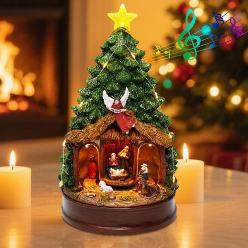 Innodept12 Christmas Tree Rotating Nativity Scene Figurines - Animated Holiday Decoration with Music & Collectible Tabletop Design, 9.84" Tall