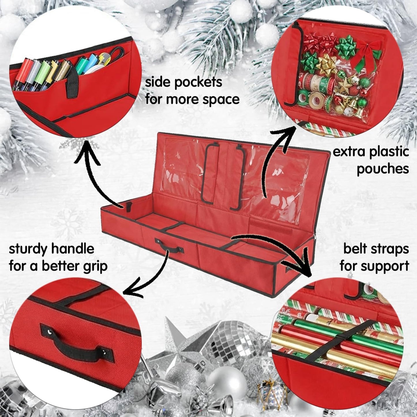 Mobi Lock Wrapping Paper Storage Box - Durable Red Organizer with Zipper & Pockets | Holds 24-30 Rolls