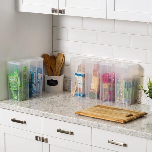 IRIS USA Vertical Storage Containers - Stackable Clear Bins with Lids for Home & Office Organization | 6 Pack