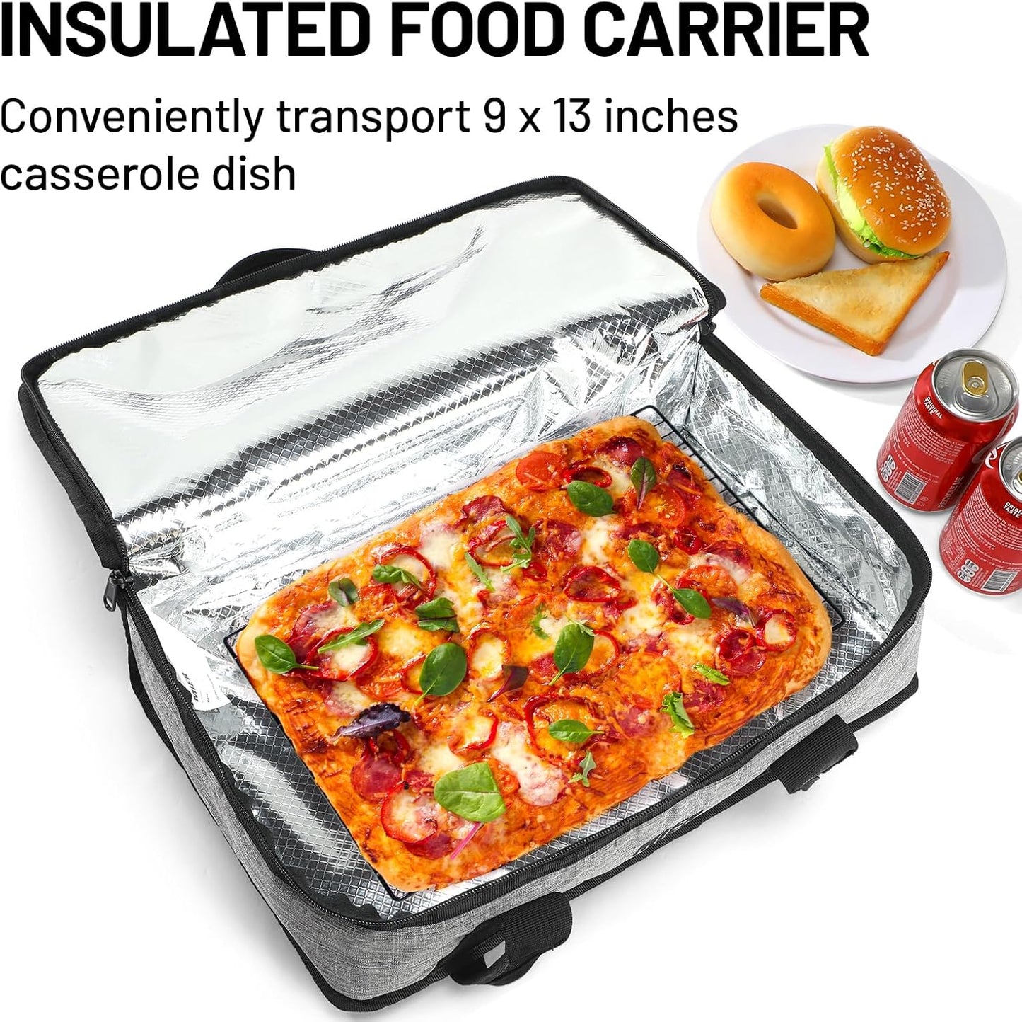 MIER Insulated Casserole Carrier - Thermal Food Bag for Hot or Cold Dishes | Fits 9"x13" Baking Dish, Gray