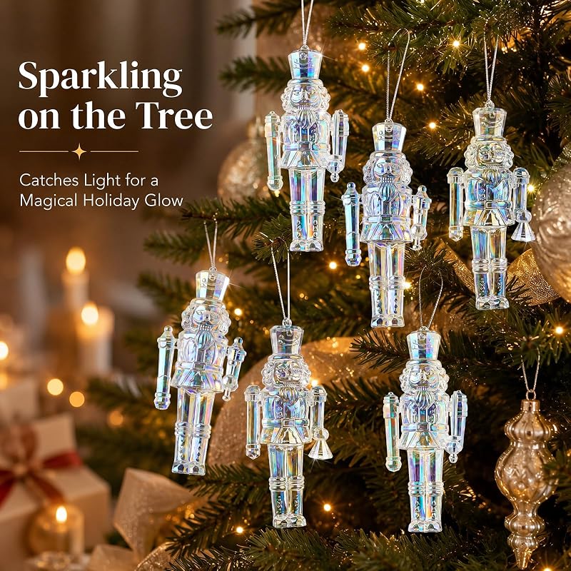 Iridescent Nutcracker Ornaments, 6-Piece Set, 4.7 Inch Acrylic Christmas Decorations