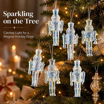 Iridescent Nutcracker Ornaments, 6-Piece Set, 4.7 Inch Acrylic Christmas Decorations