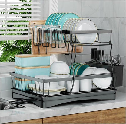 7 Code Large Dish Drying Rack - Detachable 2-Tier Kitchen Organizer with Utensil Holder | Black