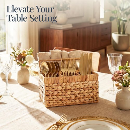 Best Choice Products Utensil Caddy - Woven Wicker 4-Compartment Organizer for Kitchen & Parties | Natural