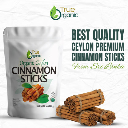 True Organic Ceylon Cinnamon Sticks, 08 ounces, Premium Grade, USDA Organic & Kosher Certified, Non-GMO, Ceylon Cinnamon stick, Pure Ceylon Quality