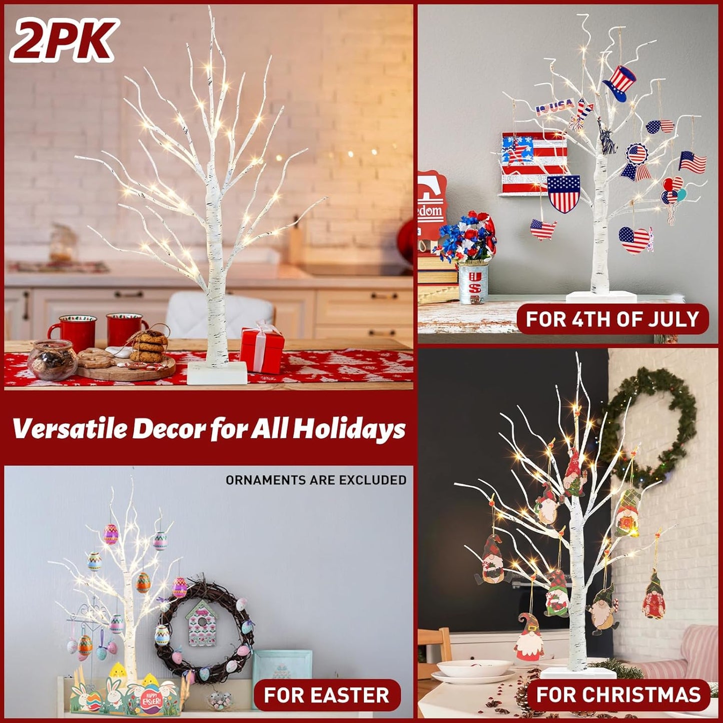 PEIDUO 2FT Birch Tree LED Light Decoration - Warm White Easter Table Lamp | Battery Powered, Timer (2PK)