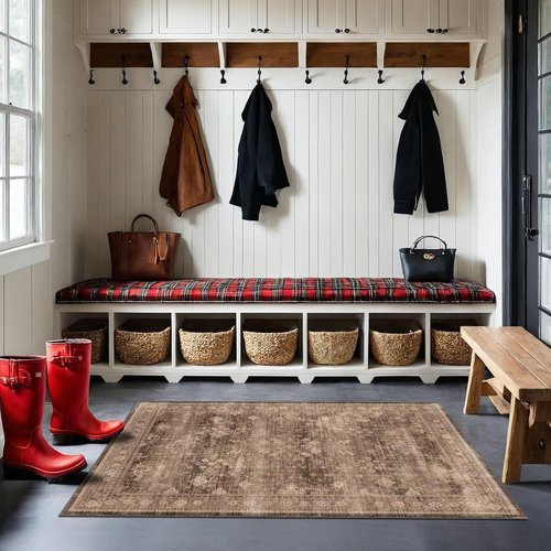 Boho Taupe Brown 3x5 Area Rug - Modern Vintage Washable Non-Slip Design for Entryway & Kitchen