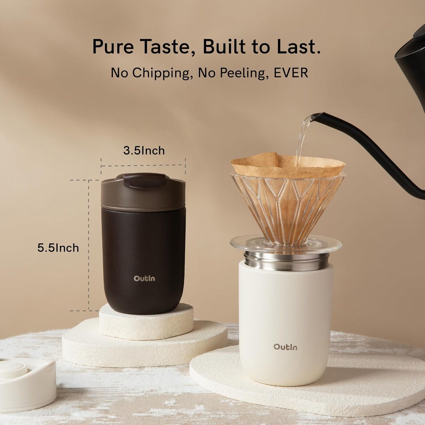 OutIn Travel Tumbler - Insulated 12 oz Coffee Mug with Leak-Proof Flip Lid | Sand White