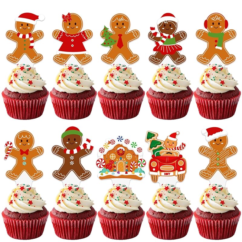 Christmas Gingerbread Cupcake Toppers 48pcs - Santa Hat & Candy Cane Picks