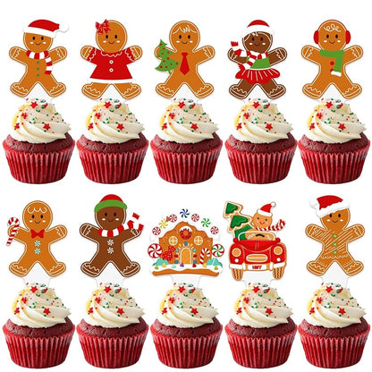 Christmas Gingerbread Cupcake Toppers 48pcs - Santa Hat & Candy Cane Picks