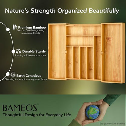 BAMEOS Bamboo Drawer Organizer - Expandable Cutlery Tray for Kitchen & Bathroom Storage