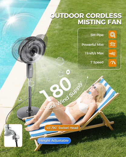 Skiennix Outdoor Misting Fan - 12-Inch Portable Cooling Fan with Remote & Oscillation | 20000mAh Battery