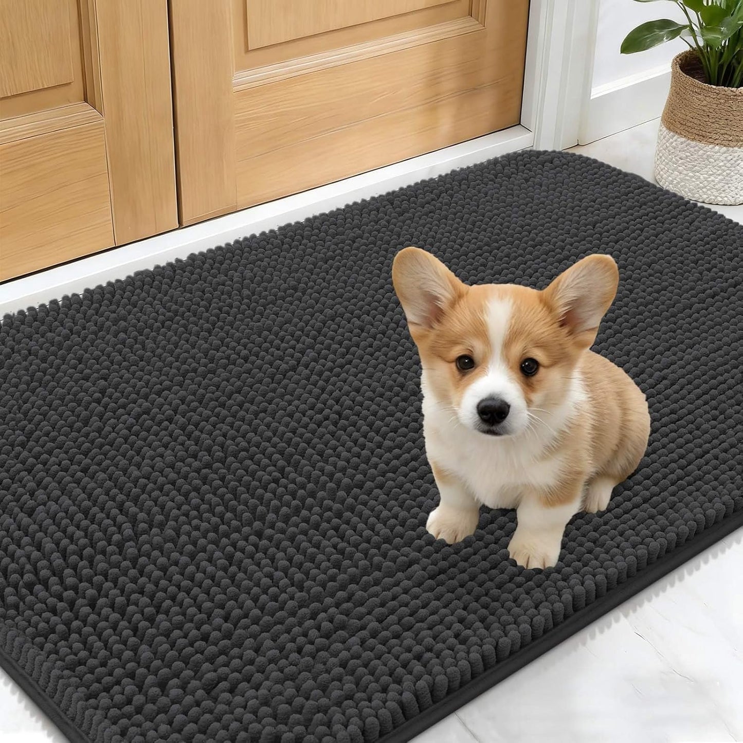 OLANLY Dog Door Mat - Absorbent Non-Slip Chenille for Muddy Paws | 24x16 Dark Grey Indoor Entryway Carpet