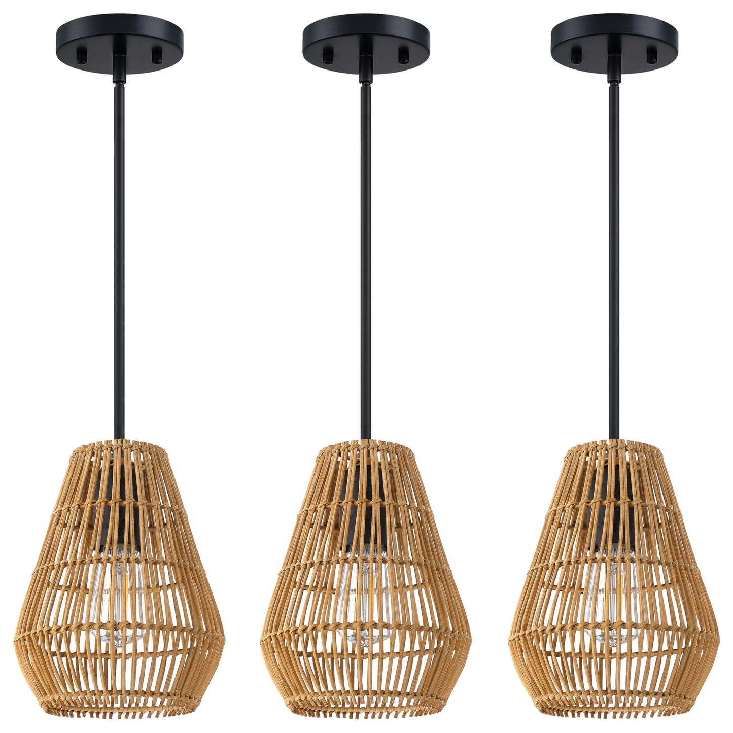 Dolaimi House 3 Pack 1 Light Modern Retro Boho Vintage Farmhouse 6.5" Rattan Pendant Ceiling Light Fixture,Black Finish for Kitchen Island,Bedroom,Dining Room,Hallway,Entryway,Living Room