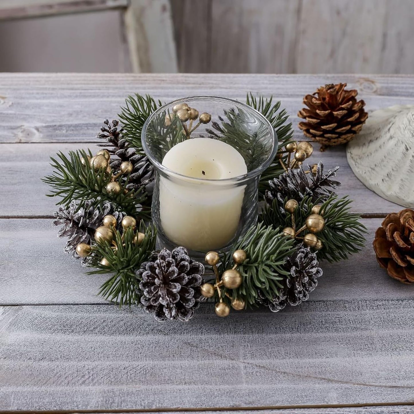 Regine Switzerland Christmas Candle Rings - Elegant Artificial Flower Wreaths with Gold Berries & Pinecones | Perfect Holiday Table Centerpieces