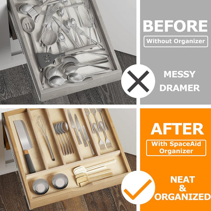WelFurGeer Solid Birch Wood Silverware Organizer - Stylish Kitchen Utensil Tray for Cutlery & Flatware