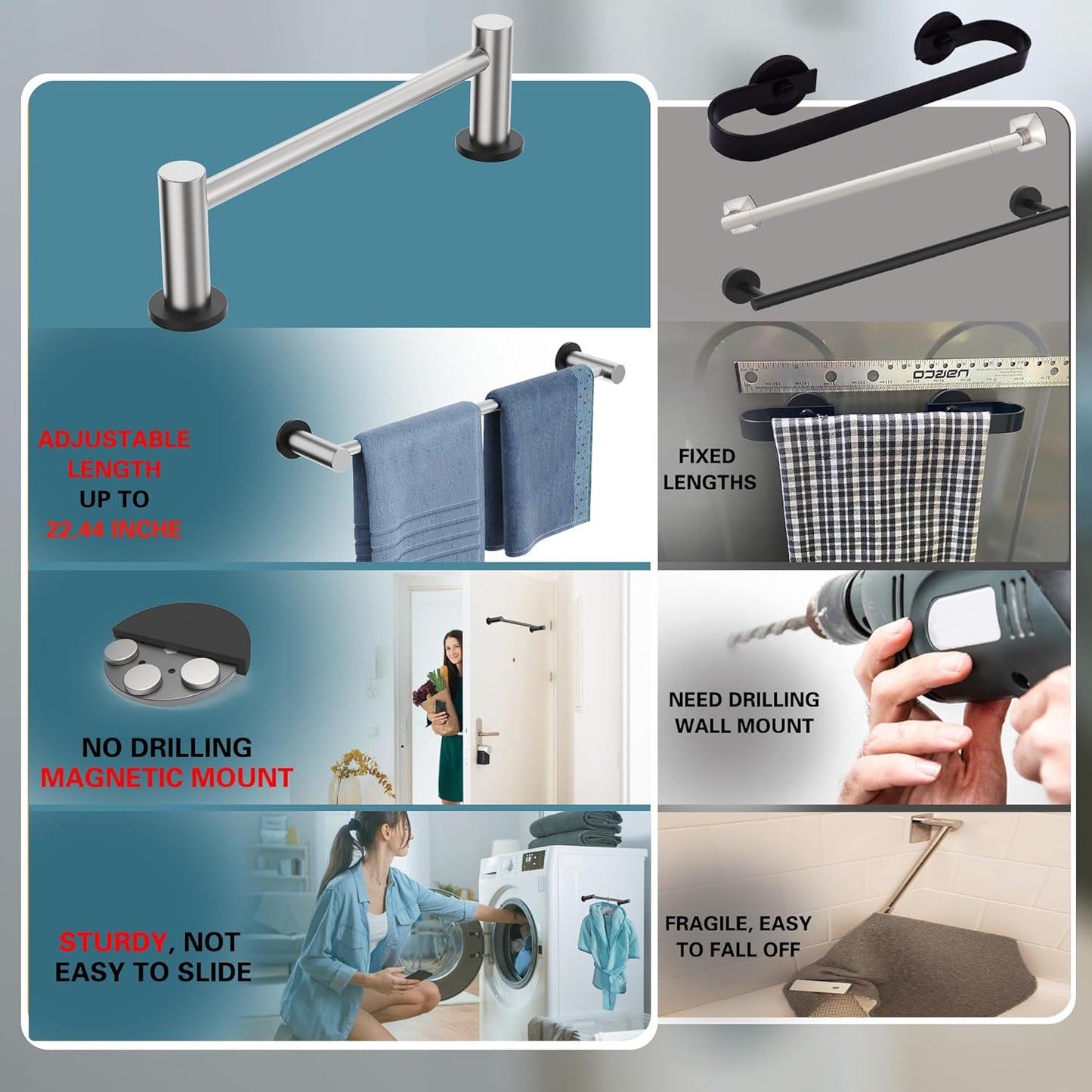 ULIBERMAGNET Magnetic Towel Holder - Adjustable Length Stainless Steel Rail for Kitchen & Laundry