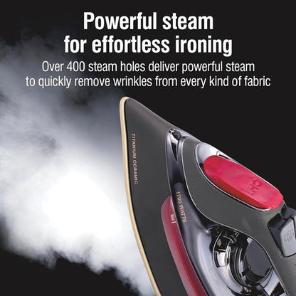 CHI Steam Iron - Professional Grade 1700 Watts with 8’ Retractable Cord & Titanium Soleplate | Black/Chrome