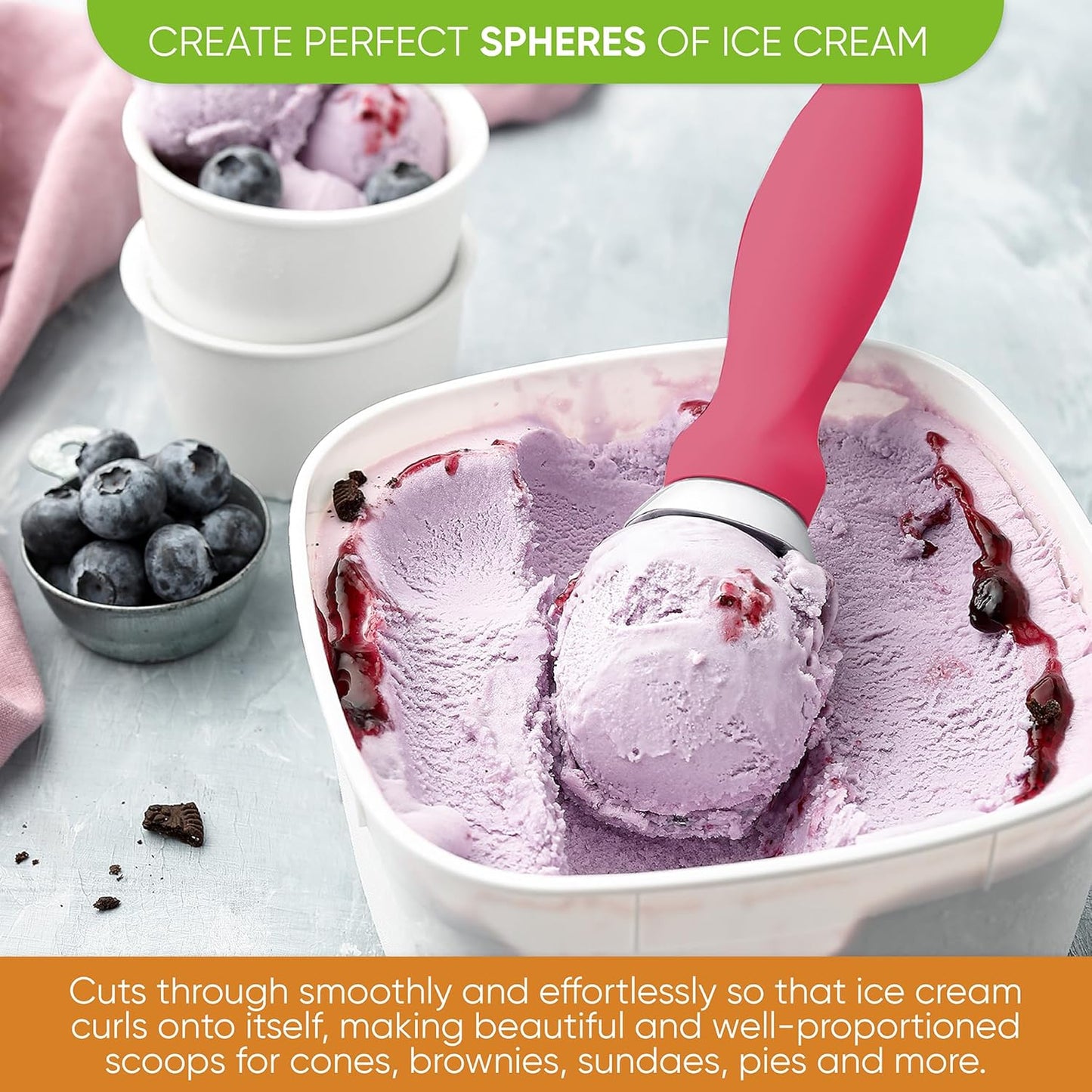 Spring Chef Heavy Duty Ice Cream Scoop - Soft Grip Handle, Metal Spoon for Gelato & Cookie Dough - Dishwasher Safe