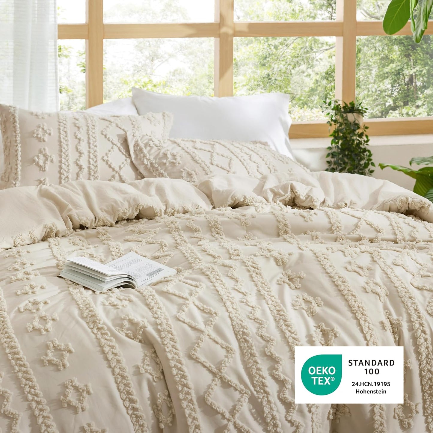 Bedsure Tufted Boho Comforter Set - Queen Size Beige Bedding | GentleSoft™ 3-Piece Farmhouse Embroidery Set
