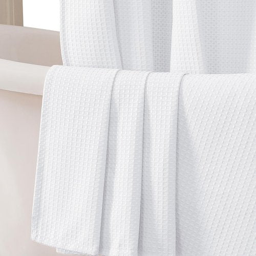 OVZME White Shower Curtain Set, Waffle Textured Heavy Duty Fabric Thick Shower Curtain for Bathroom, 230GSM Luxury Weighted Bath Curtain with 12 Plastic Hooks, 72x72, White