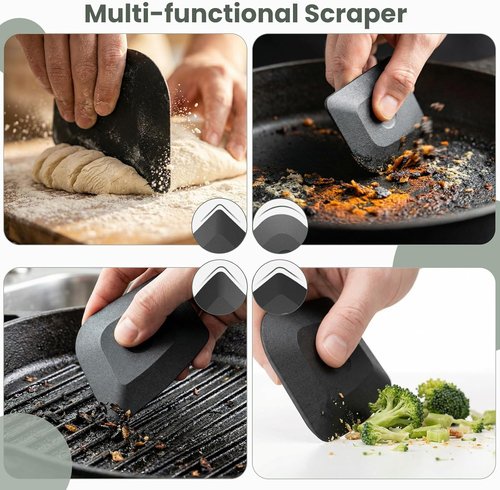 Cast Iron Scrubber - 316 Chainmail Cleaner with Long Handle | Dishwasher Safe Cleaning Kit (Black)