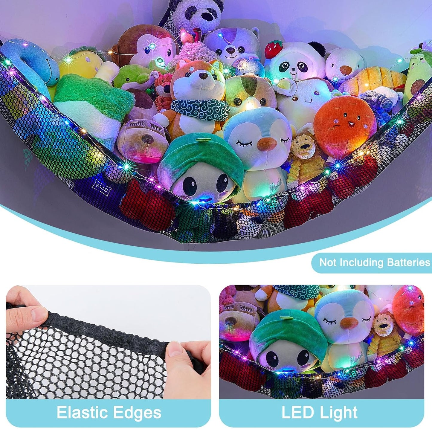 Skiennix Unicorn Castle Stuffed Animal Storage Hammock - LED Light, Large Black Organizer for Kids' Room Decor