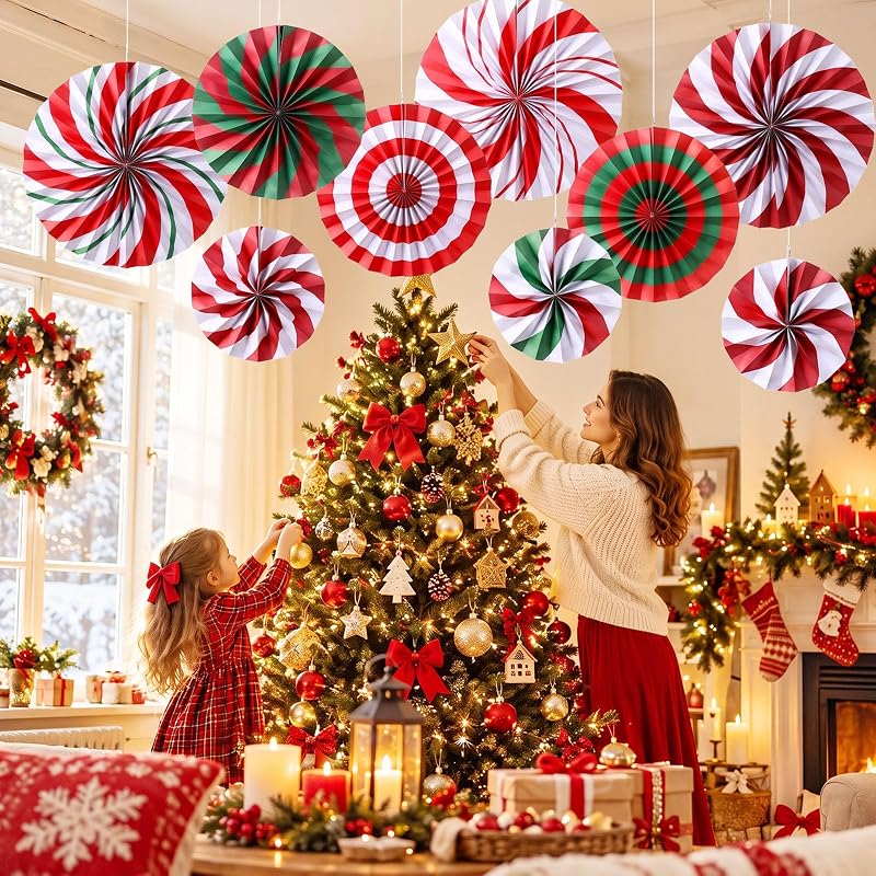 Peppermint Candy Cane Christmas Paper Fans 9-Pack - 8/12/16 Inch Hanging Decorations