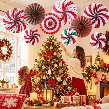 Peppermint Candy Cane Christmas Paper Fans 9-Pack - 8/12/16 Inch Hanging Decorations