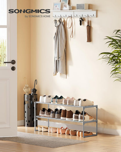 SONGMICS 2-Tier Shoe Rack - Stackable Metal Organizer for 12-15 Pairs | Gray, 11.8 x 36.2 x 14.6 Inches