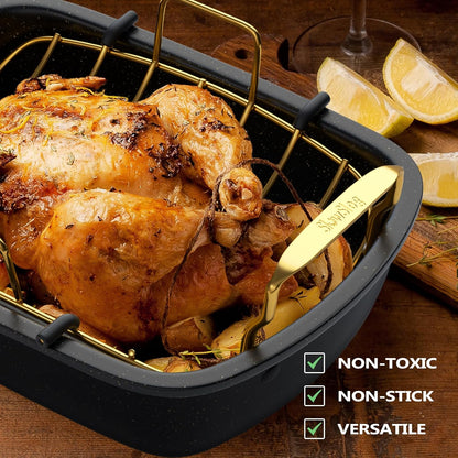 Roasting Pan - 17 Inch x 13 Inch Nonstick Roaster with Removable Rack for Turkey & Vegetables | Gold