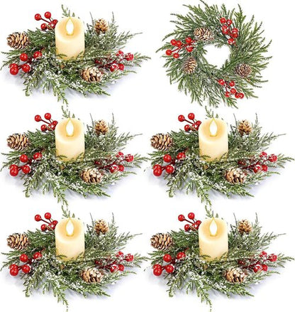 Flocked Mini Christmas Wreath Candle Rings by [Brand Name] - 6 Pack, 9"x3.5" Snowy Cypress with Red Berries & Pinecones for Holiday Table Decor