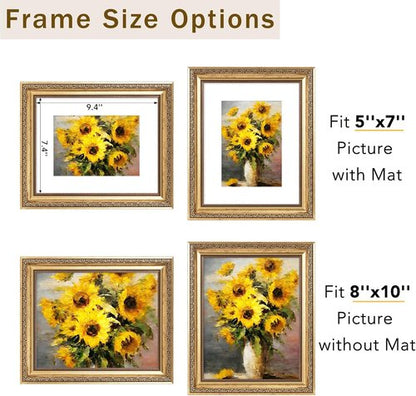 JCJMY Vintage Picture Frame Set of 4 - Elegant 8x10 Frames with 5x7 Mats | Shatter-Resistant Plexiglass, Gold