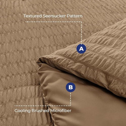 HYMOKEGE Queen Comforter Set - 7-Piece Seersucker Luxury Bedding Set for All Seasons | Brown