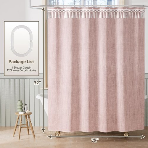 AmazerBath Pink Boho Shower Curtains for Bathroom, Farmhouse Shower Curtain with Top Tassels, Pink Shower Curtain Set, Faux Linen Fabric Shower Curtain with 12 Hooks, Hotel Quality, 72x72 Inches