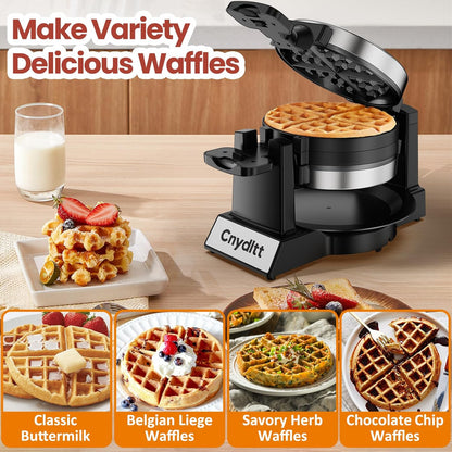 Skiennix Double Waffle Maker - 1400W Rotating Belgian Waffle Iron with Nonstick Plates & Removable Drip Tray | Black