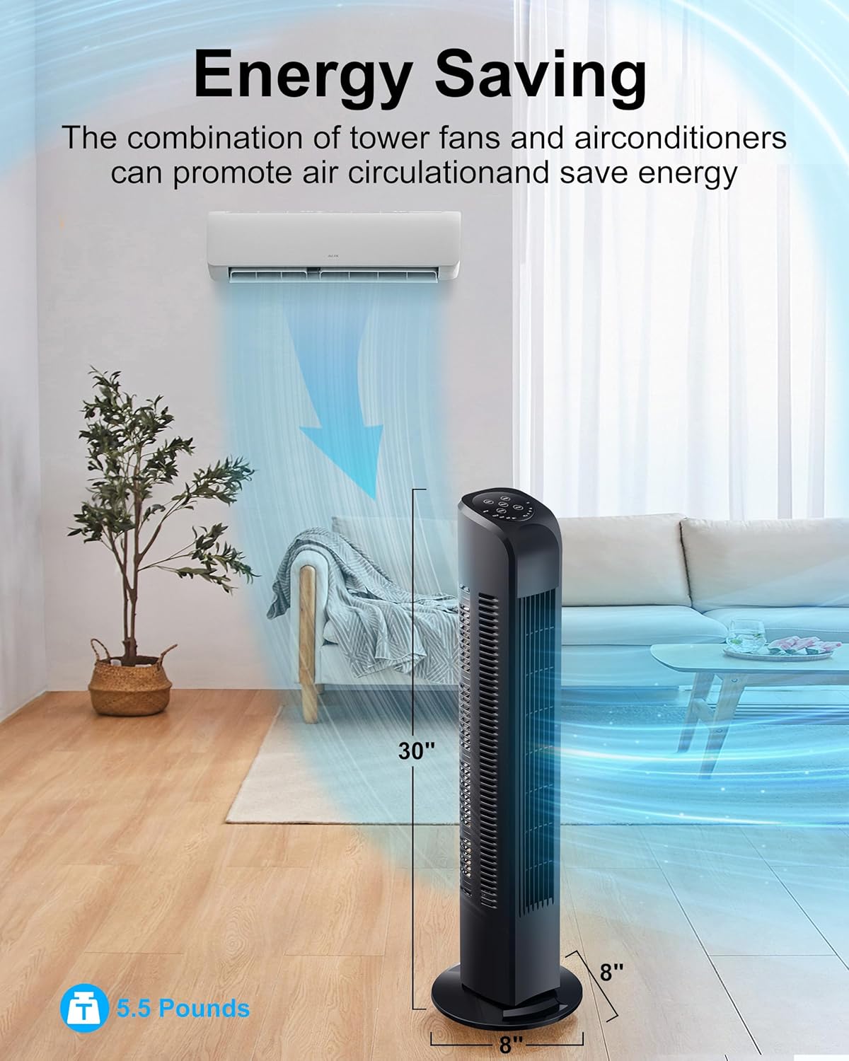 Uthfy Oscillating Tower Fan - Quiet Bladeless Design with Remote Control | 30-Inch Black Floor Fan for Home & Office