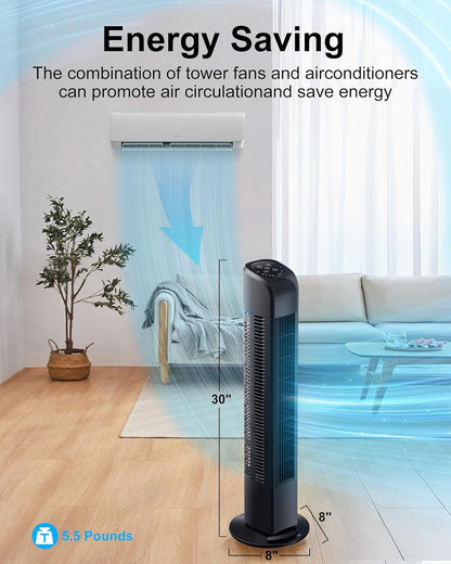 Uthfy Oscillating Tower Fan - Quiet Bladeless Design with Remote Control | 30-Inch Black Floor Fan for Home & Office