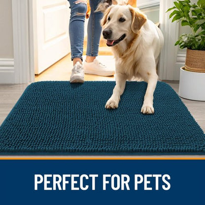 OLANLY Dog Door Mat for Muddy Paws 45x27, Absorbs Moisture and Dirt, Absorbent Non-Slip Washable Doormat, Quick Dry Chenille Mud Mat, Entry Indoor Entryway Carpet for Inside Floor, Atlantic Blue