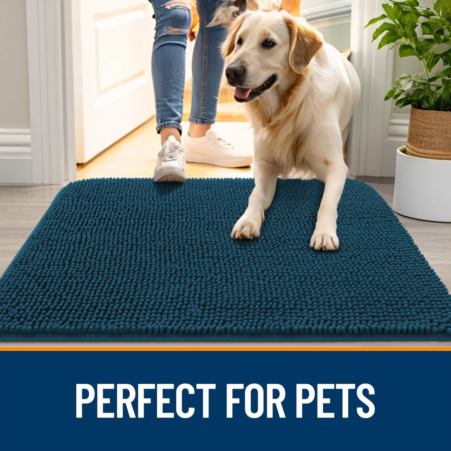 OLANLY Dog Door Mat for Muddy Paws 35x24, Absorbs Moisture and Dirt, Absorbent Non-Slip Washable Doormat, Quick Dry Chenille Mud Mat, Entry Indoor Entryway Carpet for Inside Floor, Atlantic Blue