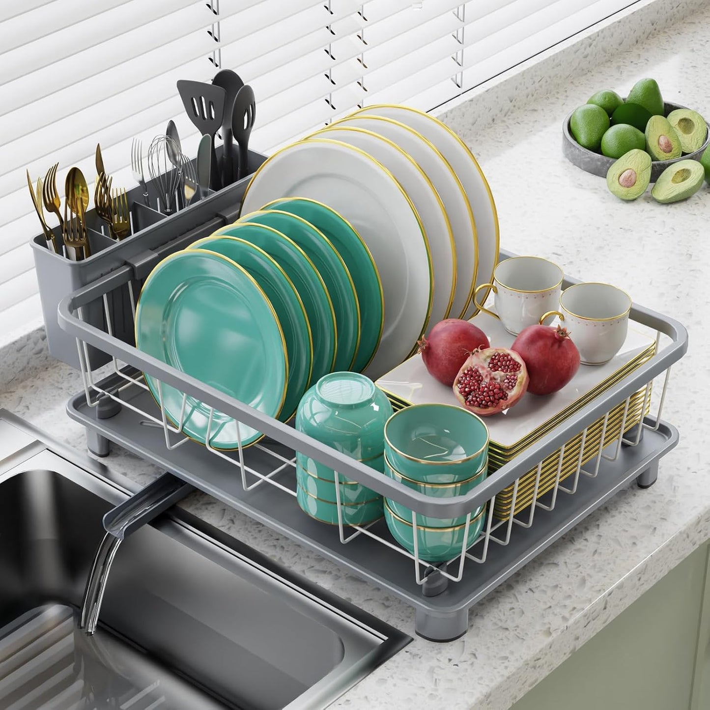 Skiennix Dish Drying Rack - Space-Saving Kitchen Rack with Drainboard & Removable Utensil Holder | Gray