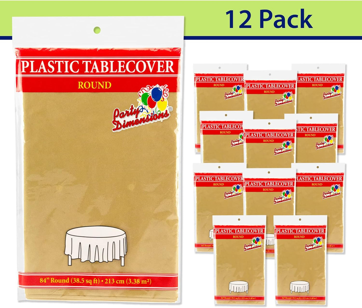 Party Dimensions Gold Disposable Plastic Tablecloths - 84-Inch Round Table Covers for Events & Weddings (12 Pack)