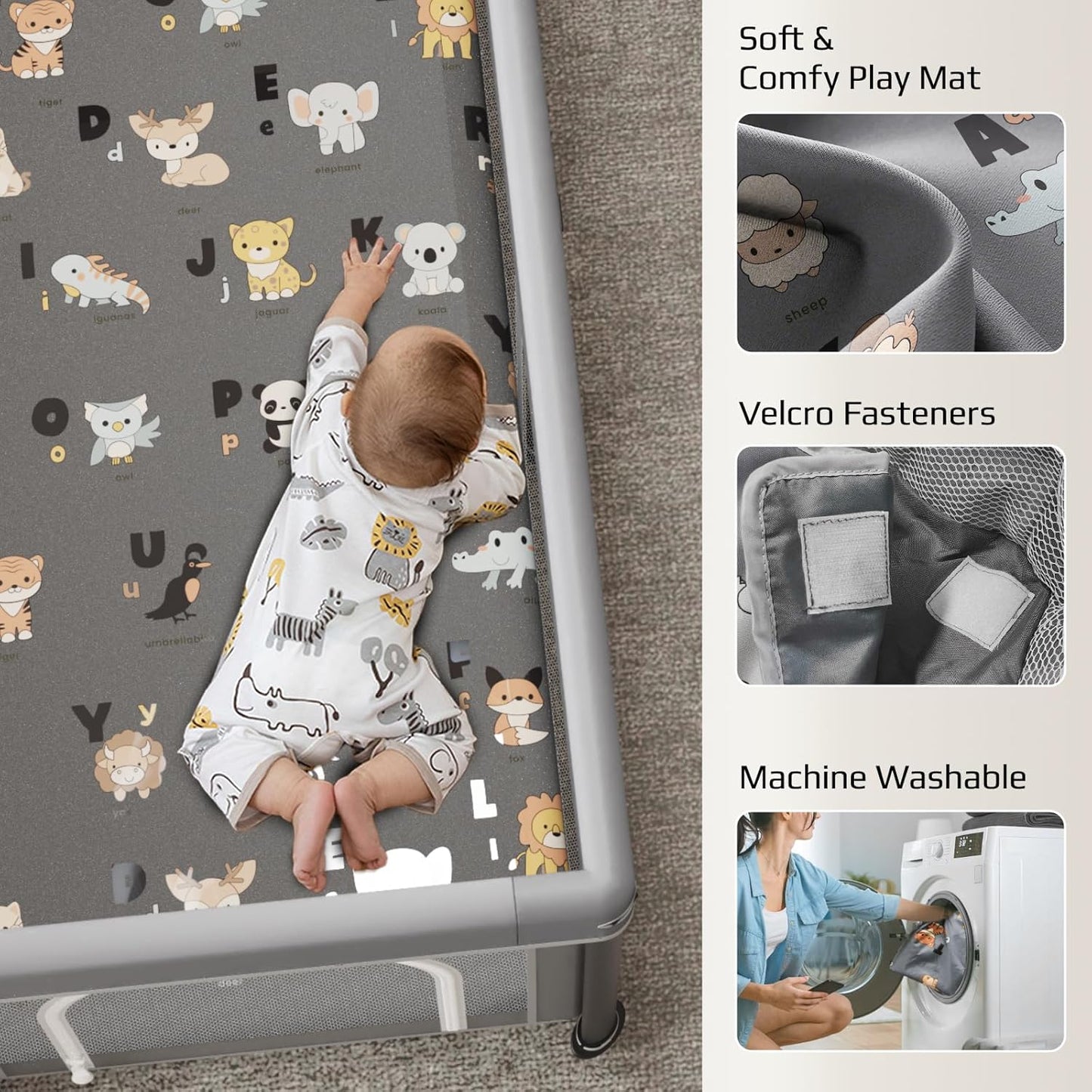 Skiennix Foldable Baby Playpen - 50" x 50" Collapsible Playard for Indoor & Outdoor Use | Portable with Mat & 30 Ocean Balls