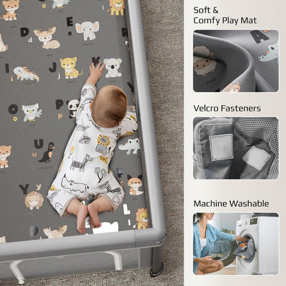 Skiennix Foldable Baby Playpen - 50" x 50" Collapsible Playard for Indoor & Outdoor Use | Portable with Mat & 30 Ocean Balls