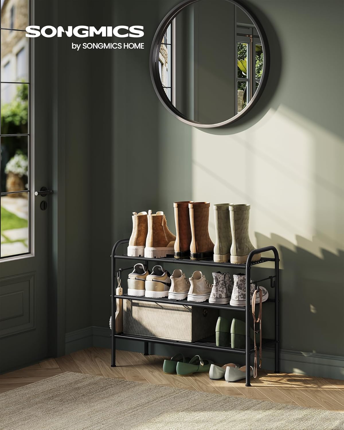 SONGMICS Shoe Rack - 3-Tier Metal Organizer with 4 Hooks | Holds 12 Pairs, Height-Adjustable, Ink Black