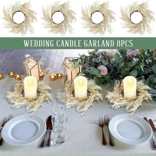 Hanaive Boho Candle Wreaths - 8 Pcs Small Faux Pampas Decor for Weddings & Home | 3.9 in