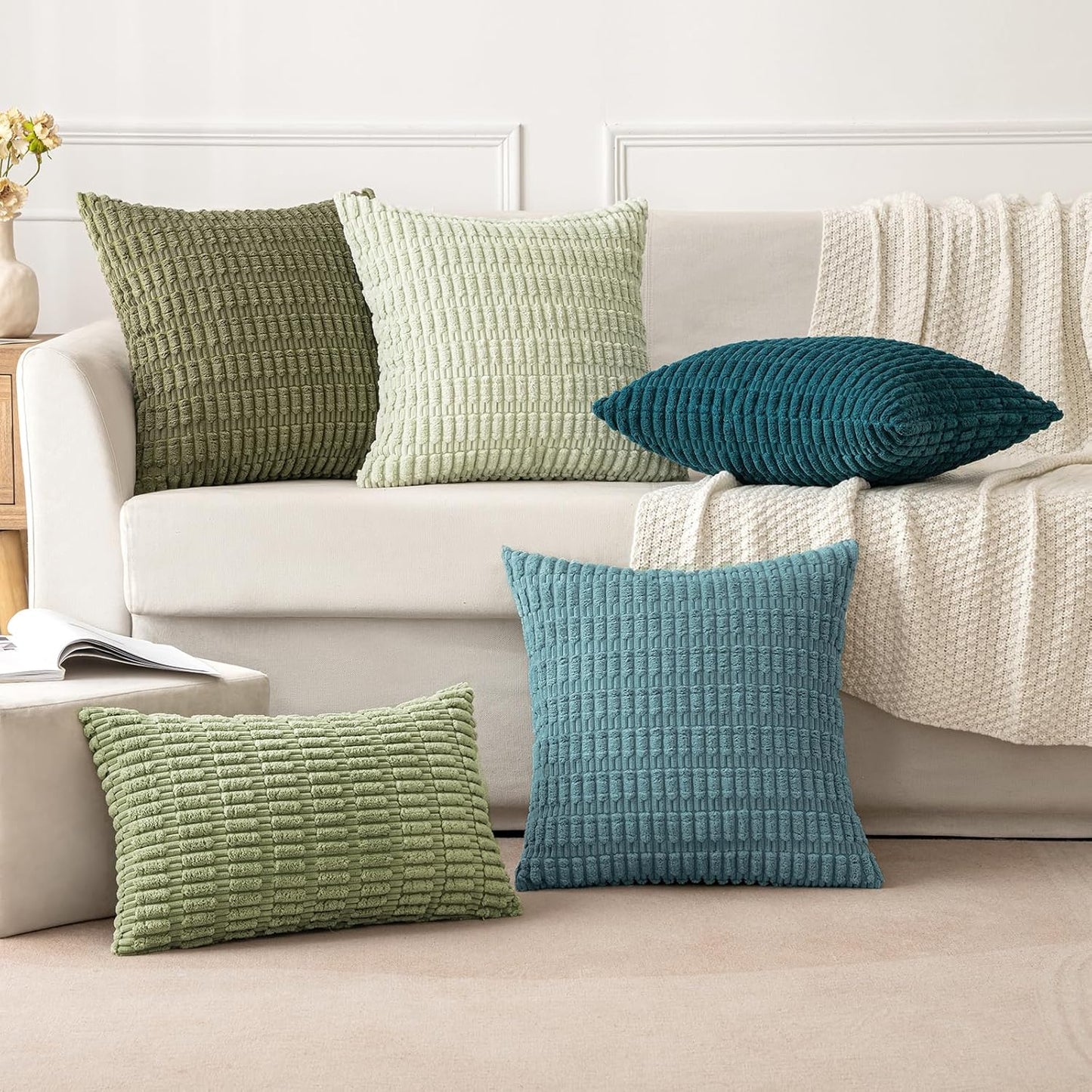 MIULEE Corduroy Throw Pillow Covers - Soft Boho Striped Design | 18x18 Inch Coastal Blue for Modern Home Decor