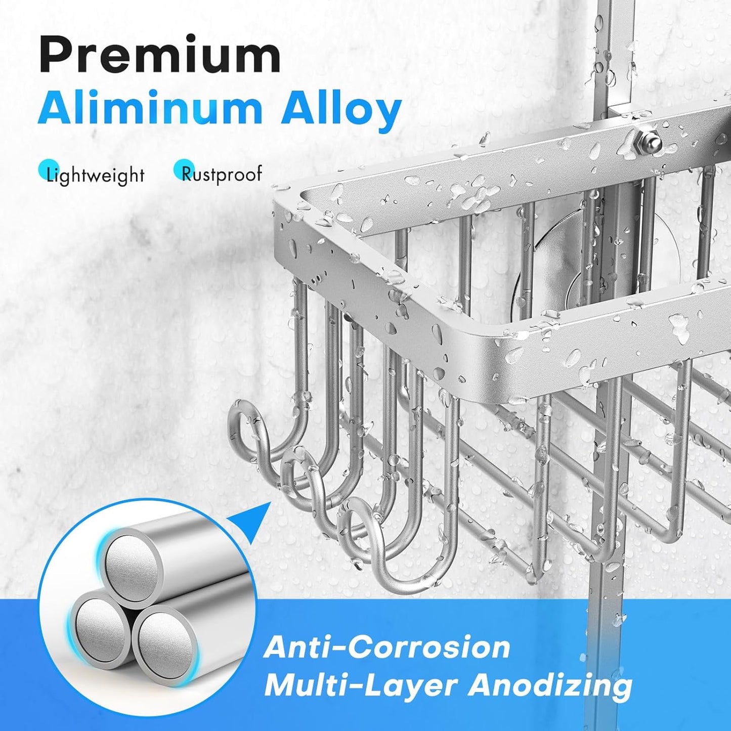 Sewulidon Aluminum Alloy Shower Caddy - Rustproof Handheld Shower Organizer | Height Adjustable 4 Levels with Hooks & Soap Holder