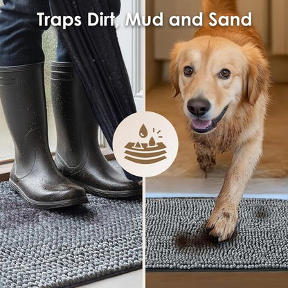 EHEYCIGA Super Absorbent Dog Door Mat - Quick Dry Chenille, Non-Slip, 30x20 Inch, Grey